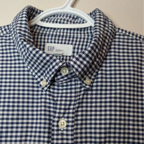 GAP Navy Gingham Lived-In Stretch Oxford Shirt in Untucked Fit L Tall Mens - Picture 5 of 10